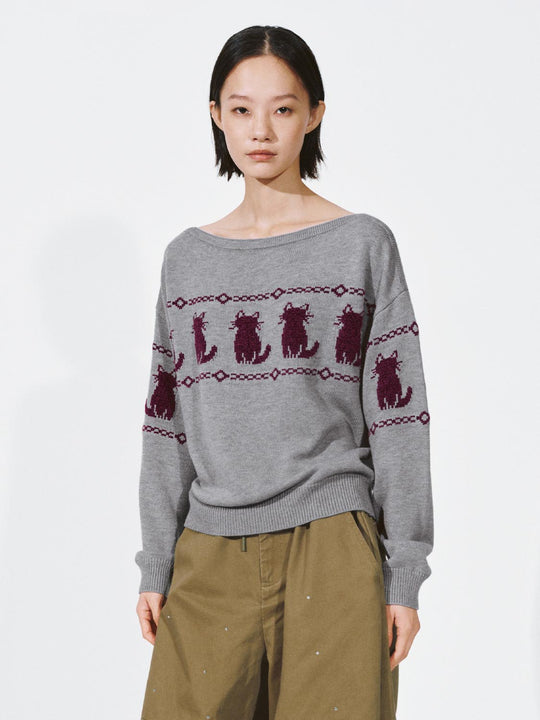 Boat Neck Intarsia Long Sleeve Knitted T-Shirts