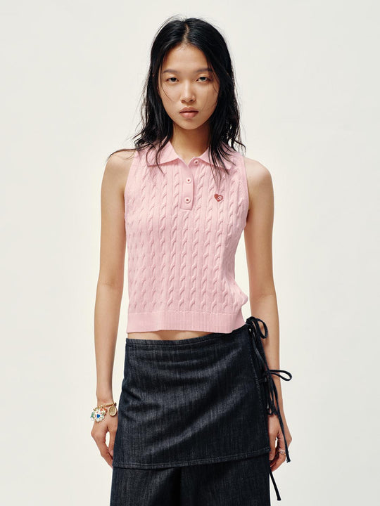 Embroidered Polo Neck Cable Knitted Sleeveless T-Shirts