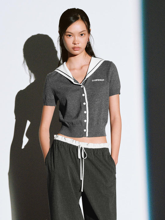 Short Sleeve Sailor Collar Cotton Knit Cardigan