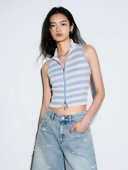 Striped Knit Sleeveless Zip Up Lightweight T-Shirt