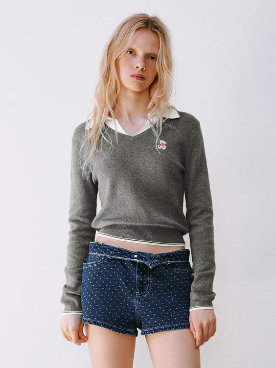 Collar Embroidered Cotton V-neck Long Sleeve Pullover