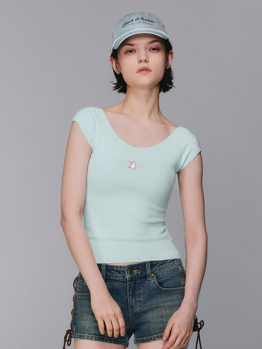 Cotton Knit Off-Shoulder Ribbed Embroidered Top With Subtle Texture And Fine Gauge T-Shirt