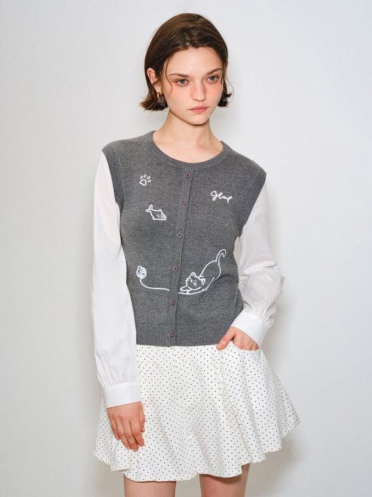 Embroidered Cat Pattern Crew Neck Cotton Knitted T-shirt