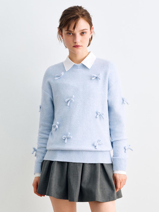 Bow Ribbed Hem Shirt Collar Long Sleeve Sweater