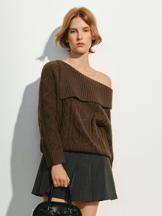 One-Shoulder Ribbed Long Sleeve Knit Sweater