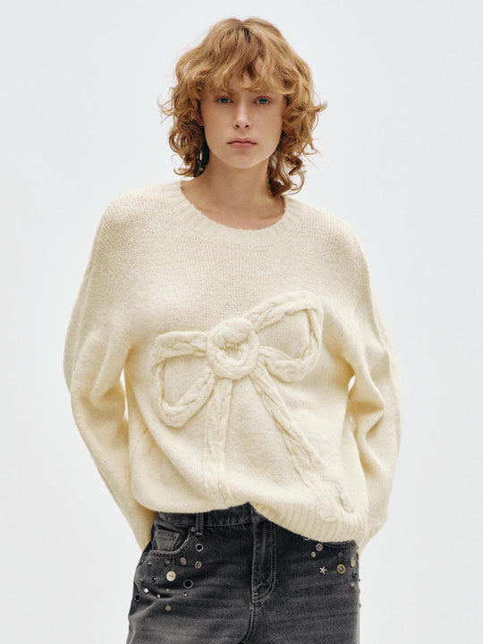 Cable Knit Bow Ribbed Hem Crew Neck Long Sleeve Sweater