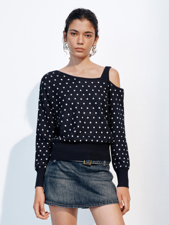 Polka Dot Knit Sweater With One Shoulder Strap