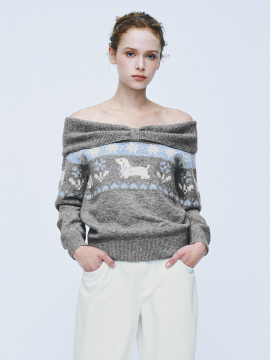 Ribbed Fair Isle Off-Shoulder Long Sleeve Sweater