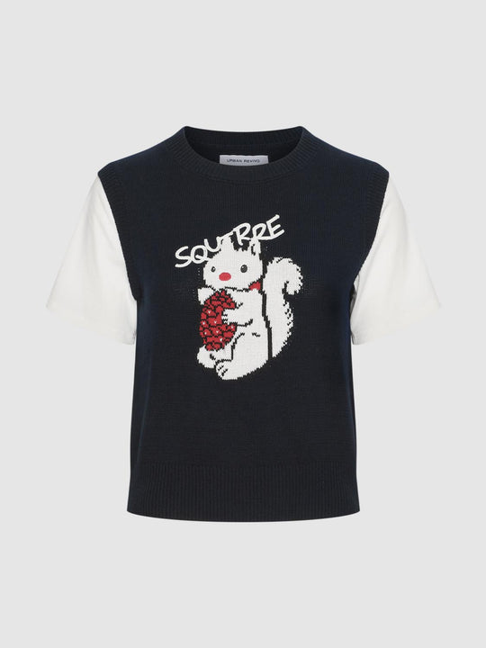 Ribbed Squirrel Graphic Crew Neck Short Sleeve Cotton Knit Top