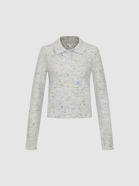Embroidered Floral Knit Polo Collar Long Sleeve Sweater
