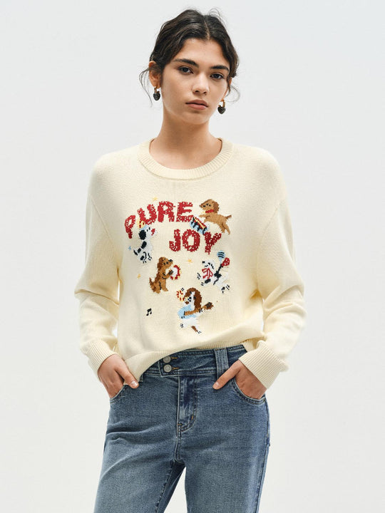 Graphic Ribbed Crew Neck Long Sleeve Cotton Sweater