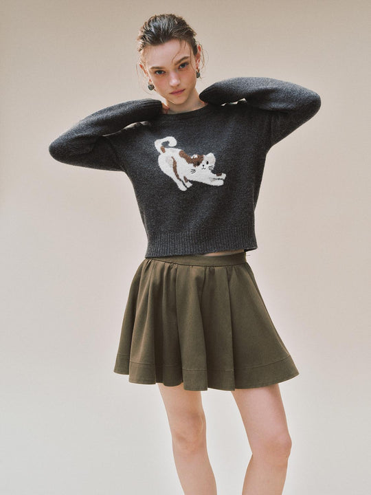 Cat Graphic Knit Crew Neck Long Sleeve Sweater