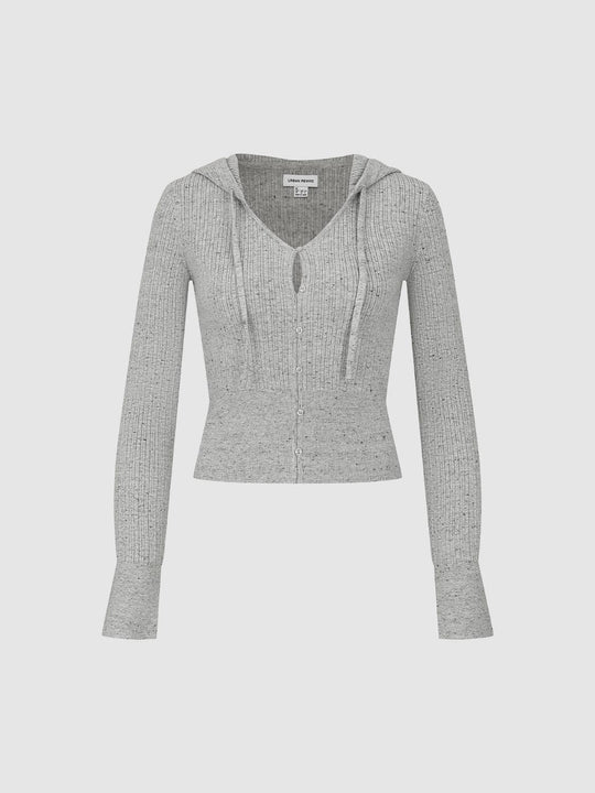 Fitted Ribbed Hooded Button-down Long Sleeve Cardigan