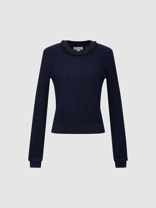 Cable Knit Ruffle Crew Neck Long Sleeve Cotton Sweater