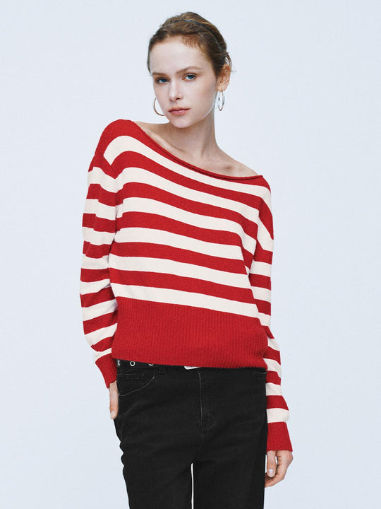 Striped Boat Neck Long Sleeve Ribbed Sweater