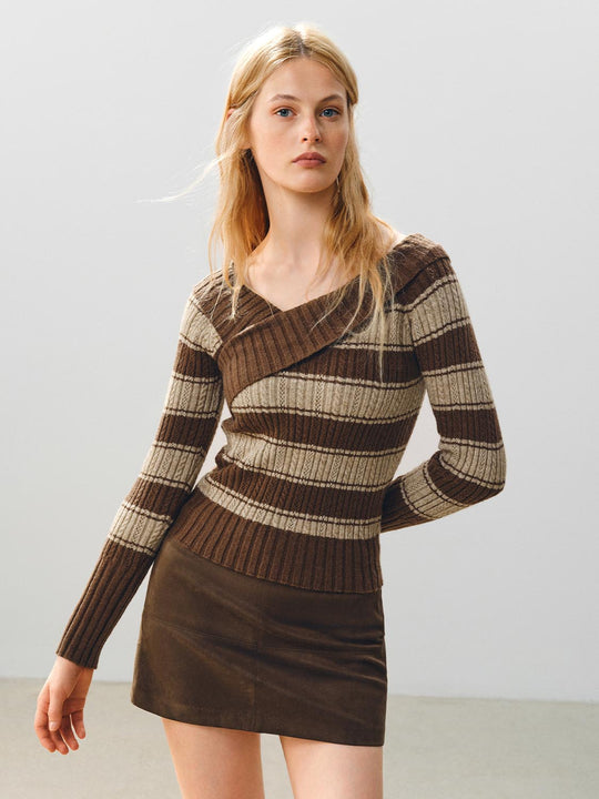 Striped Wrap Front Long Sleeve Ribbed Knit T-Shirt