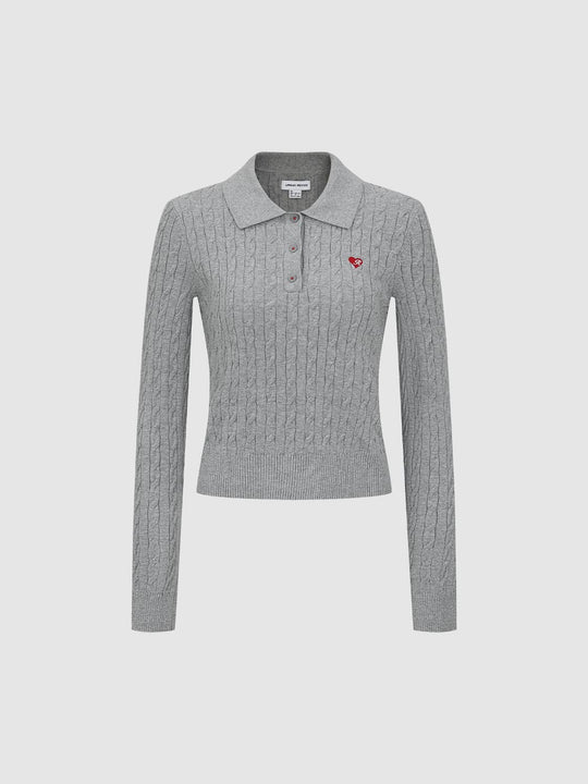 Cable Knit Long Sleeve Polo Collar Cotton Blend Sweater