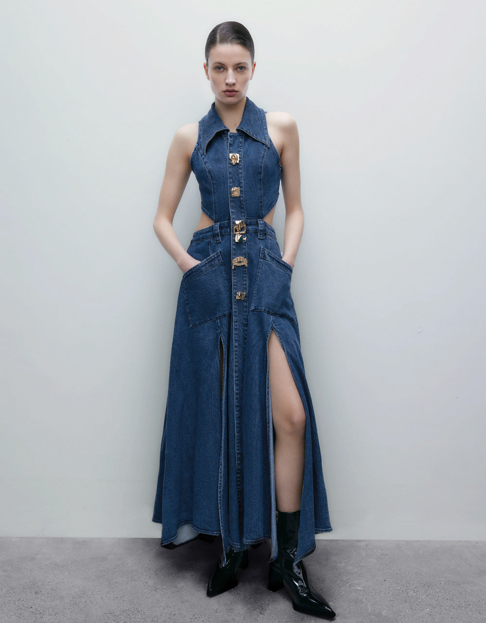 Sleeveless Lapel Denim Dress