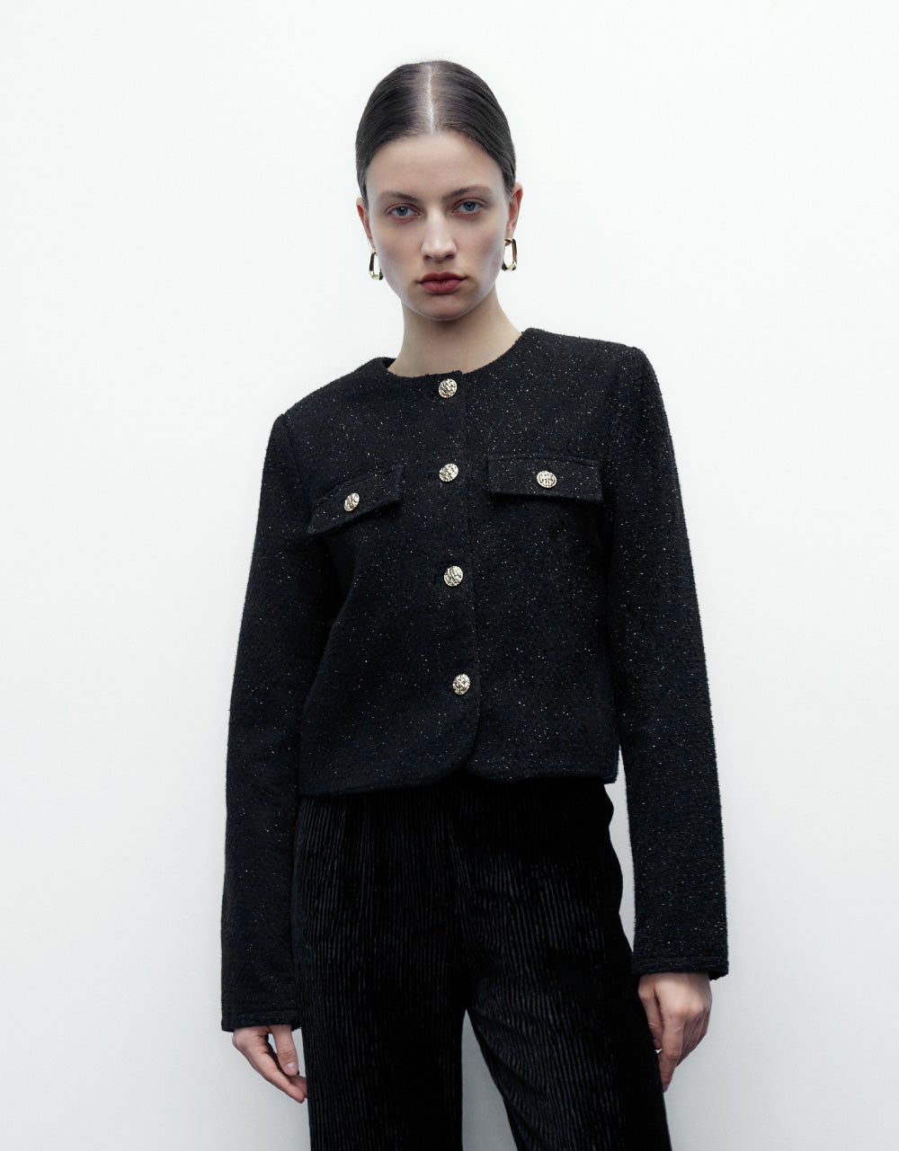 Tweed Denim Jacket With Fake Pockets
