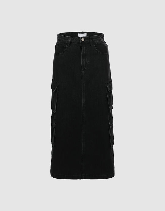 Utility Pocket Denim Midi Skirt