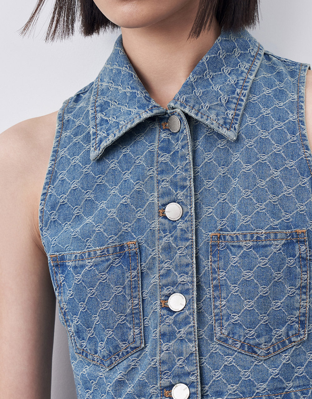 Checkered Print Denim Top