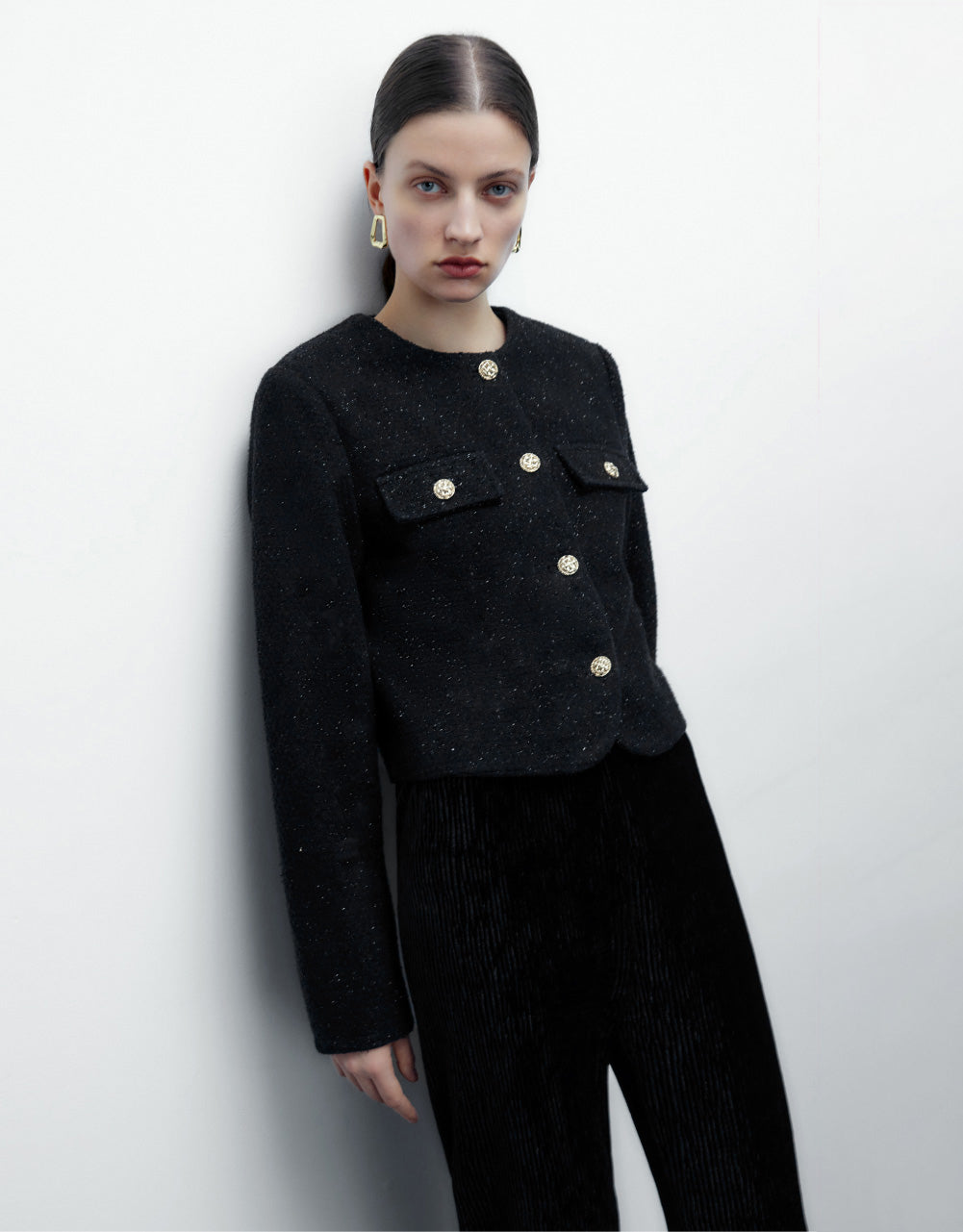 Tweed Denim Jacket With Fake Pockets