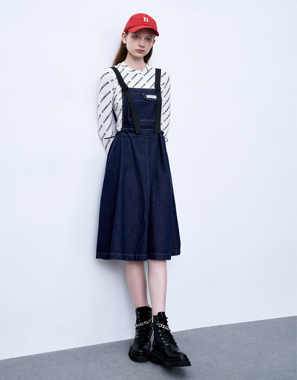 Contrast Stitch Denim Pinafore Dress