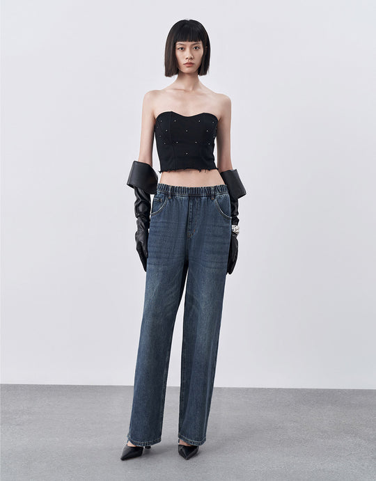 Elastic Waist Wide Leg Jeans