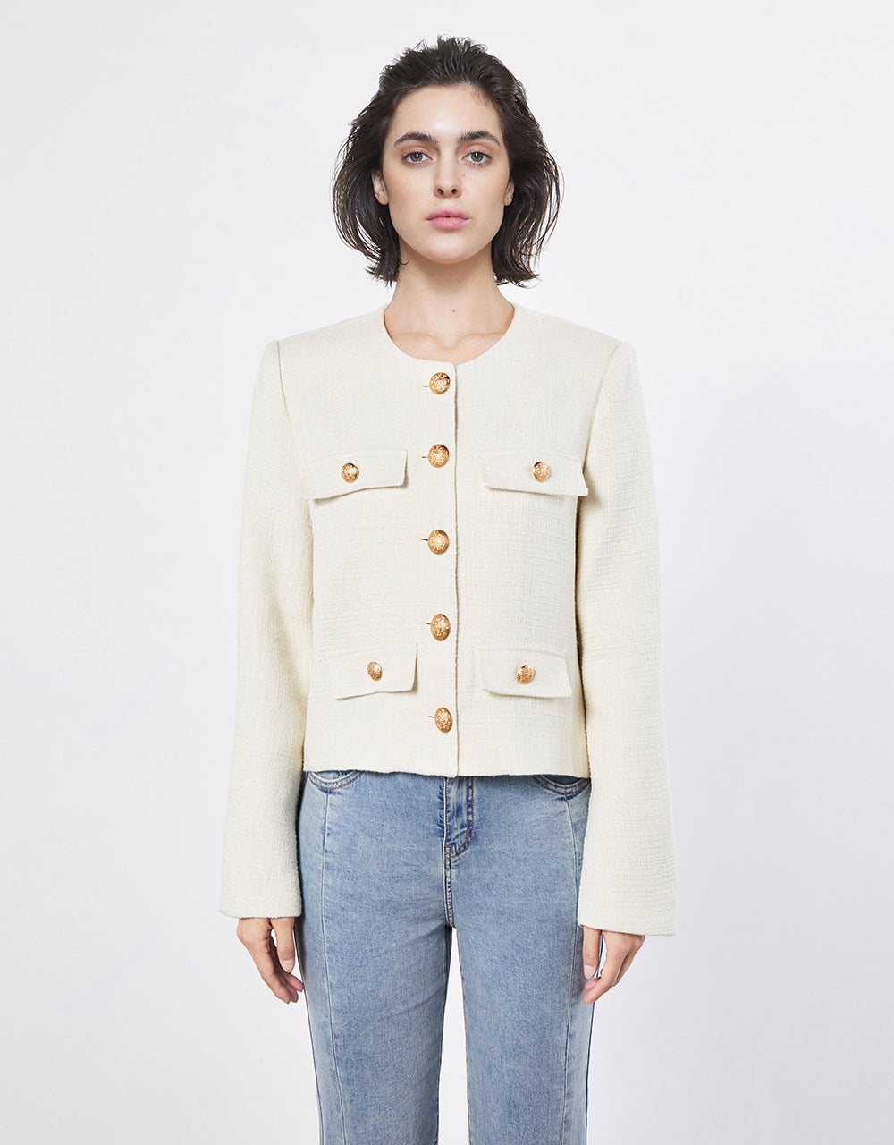 Metallic Button Tweed Jacket