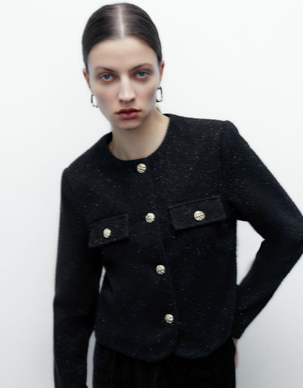 Tweed Denim Jacket With Fake Pockets