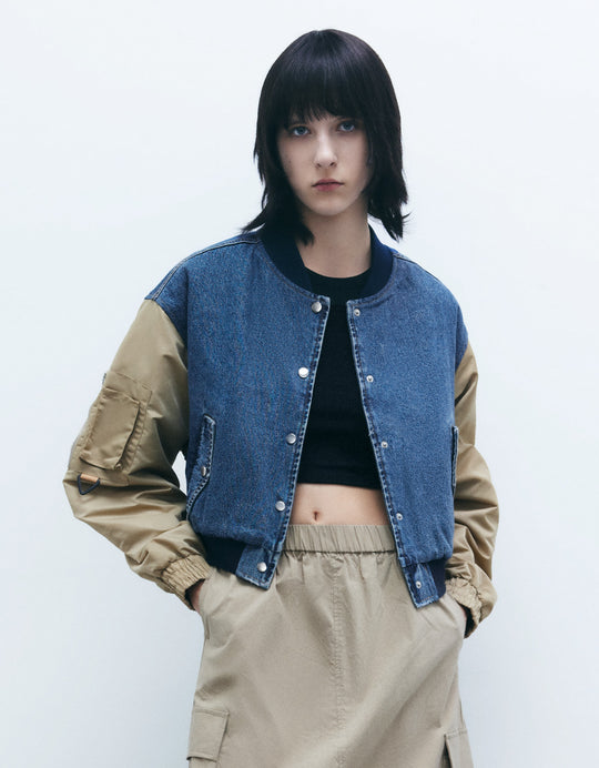 Combination Crop Denim Bomber Jacket