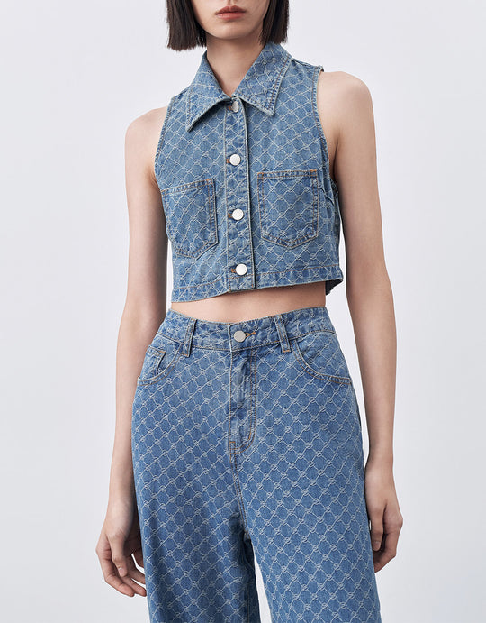 Checkered Print Denim Top