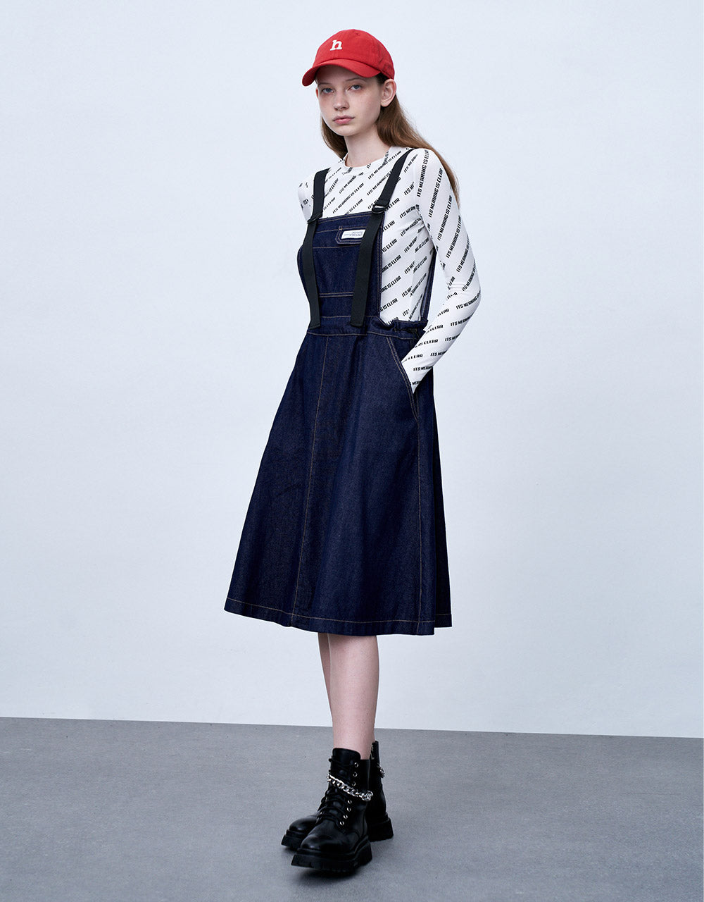 Contrast Stitch Denim Pinafore Dress