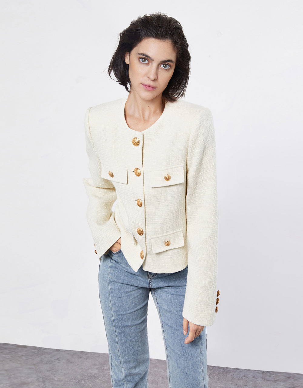 Metallic Button Tweed Jacket