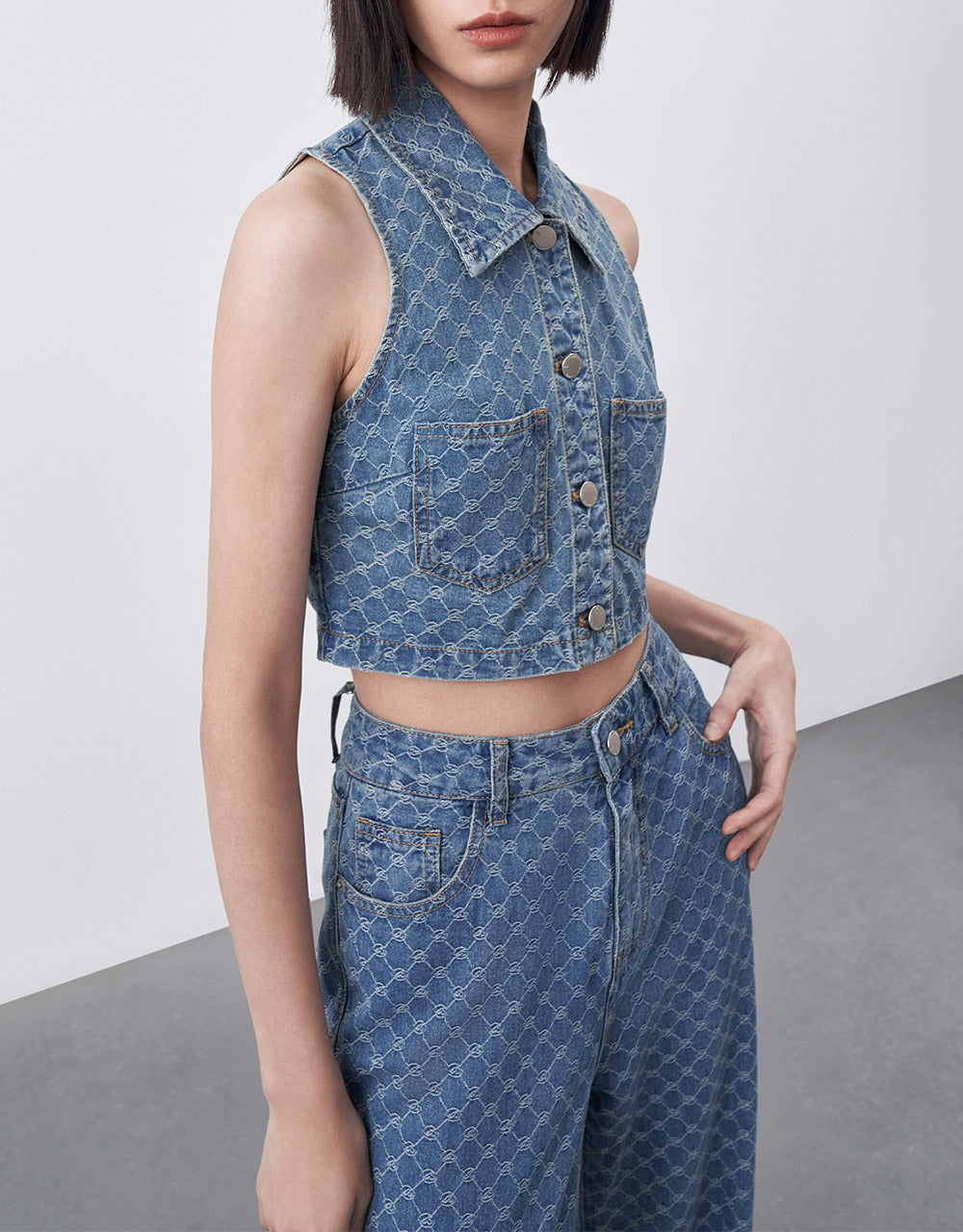 Checkered Print Denim Top