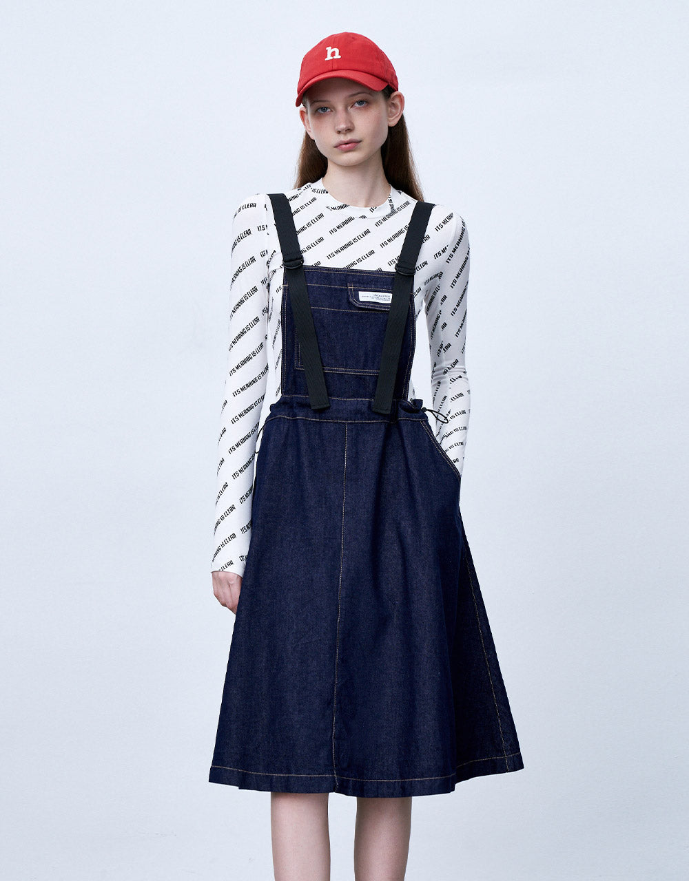 Contrast Stitch Denim Pinafore Dress