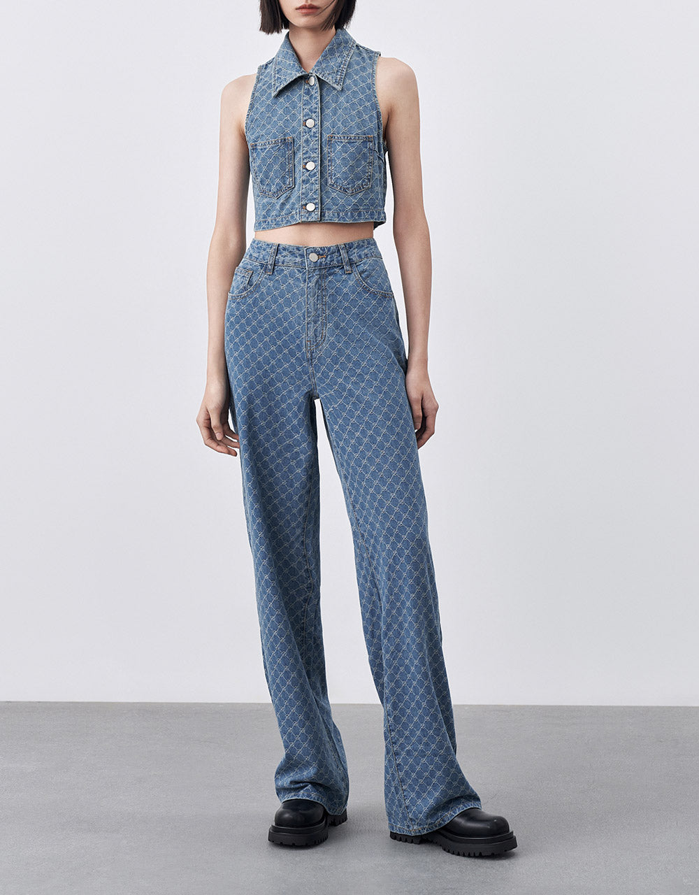 Checkered Print Denim Top