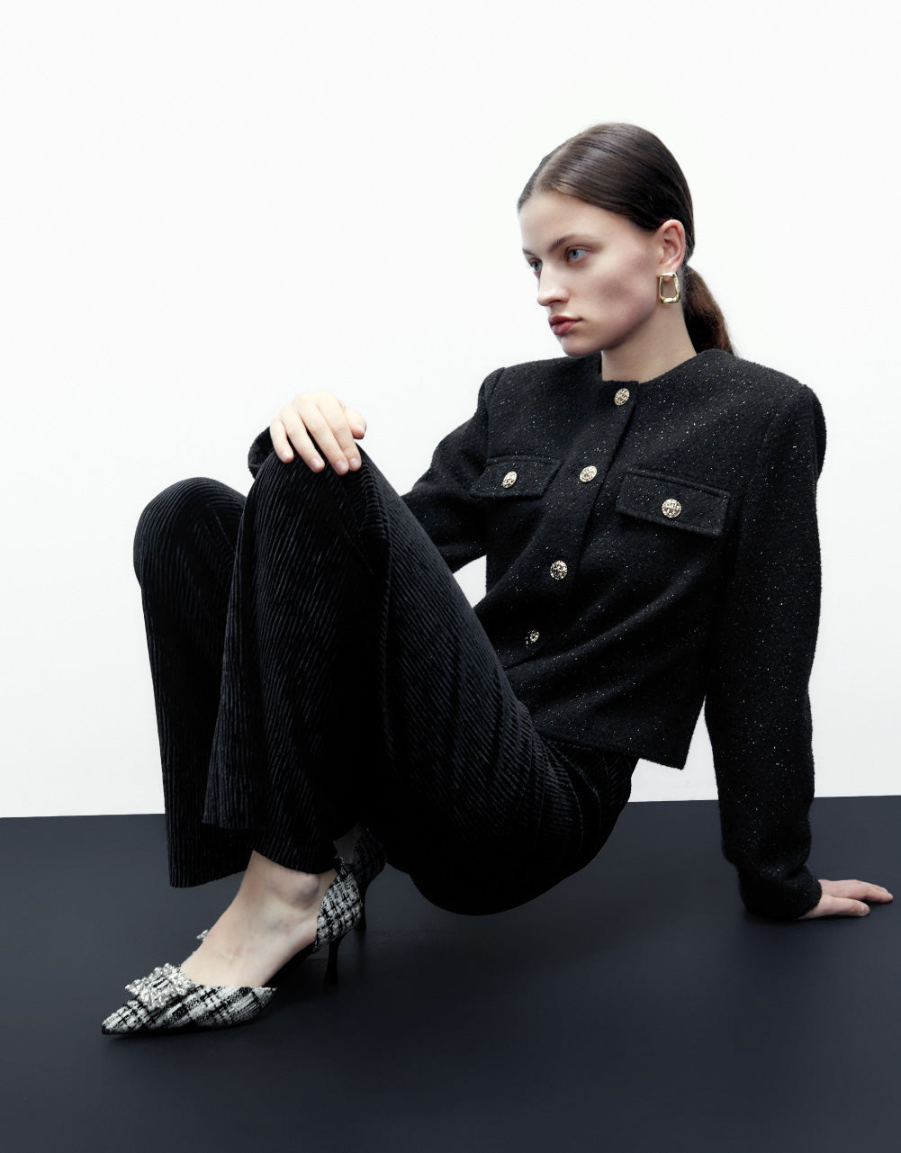 Tweed Denim Jacket With Fake Pockets