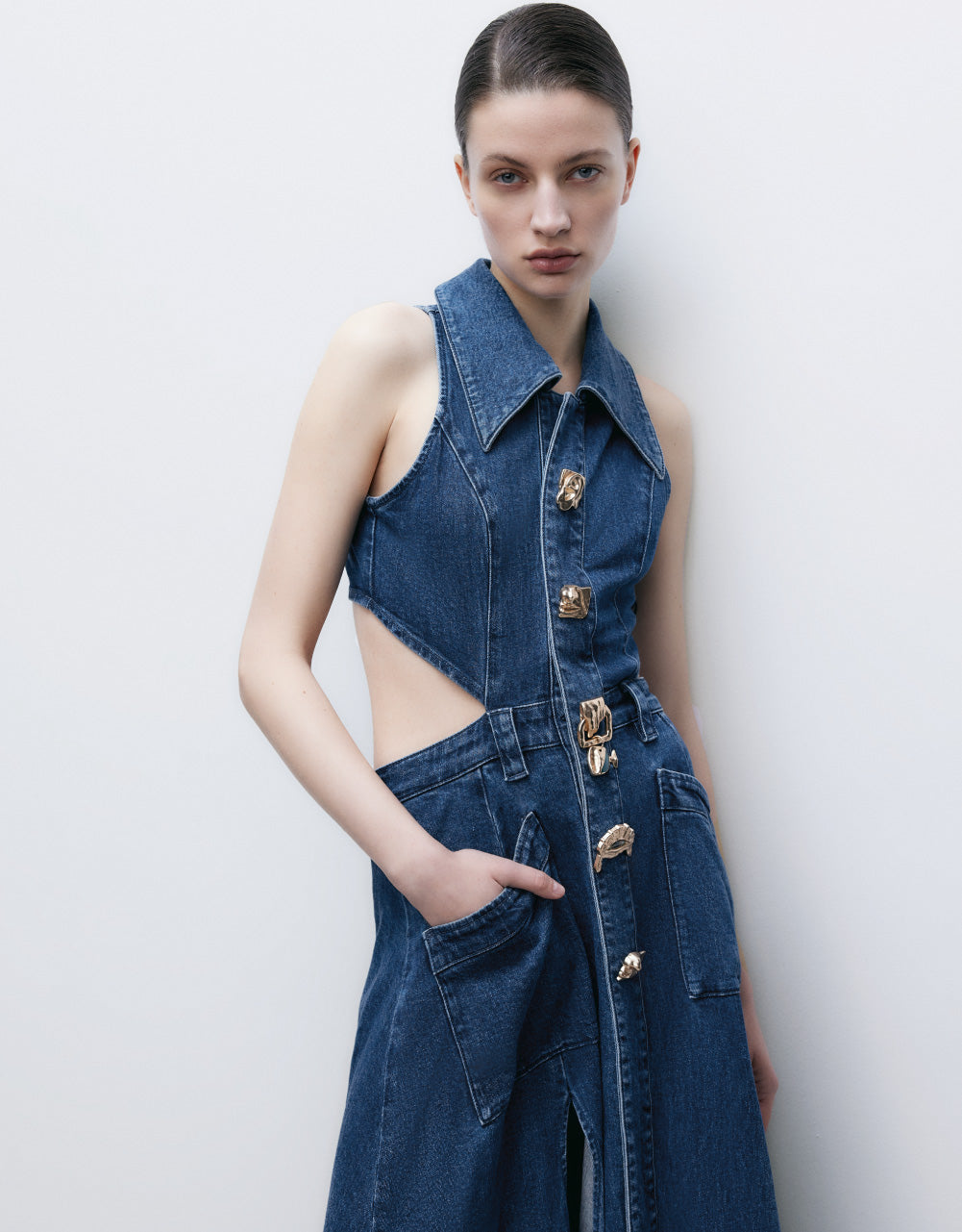 Sleeveless Lapel Denim Dress