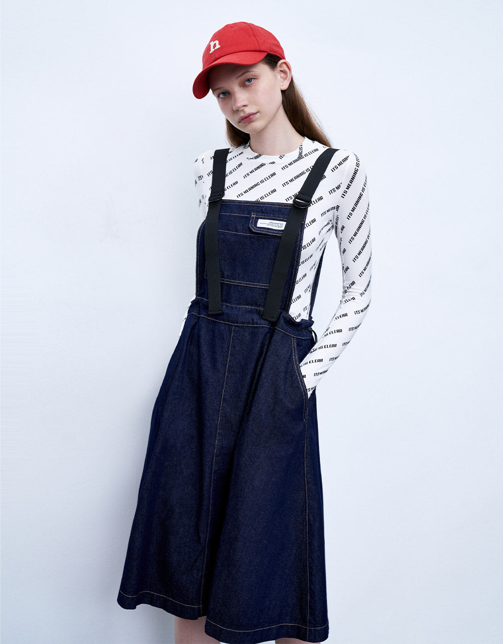 Contrast Stitch Denim Pinafore Dress