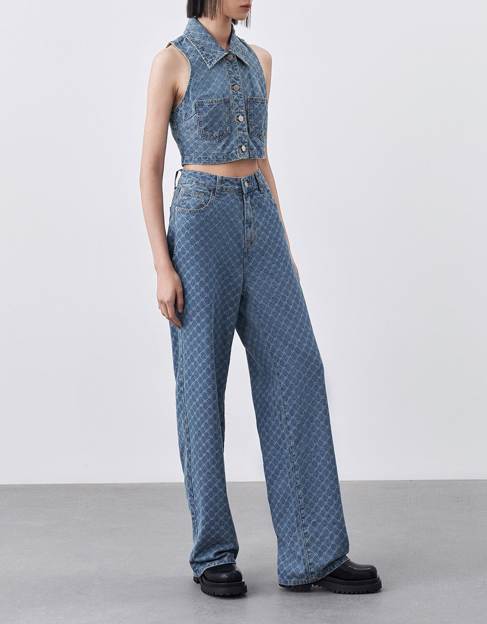 Checkered Print Denim Top