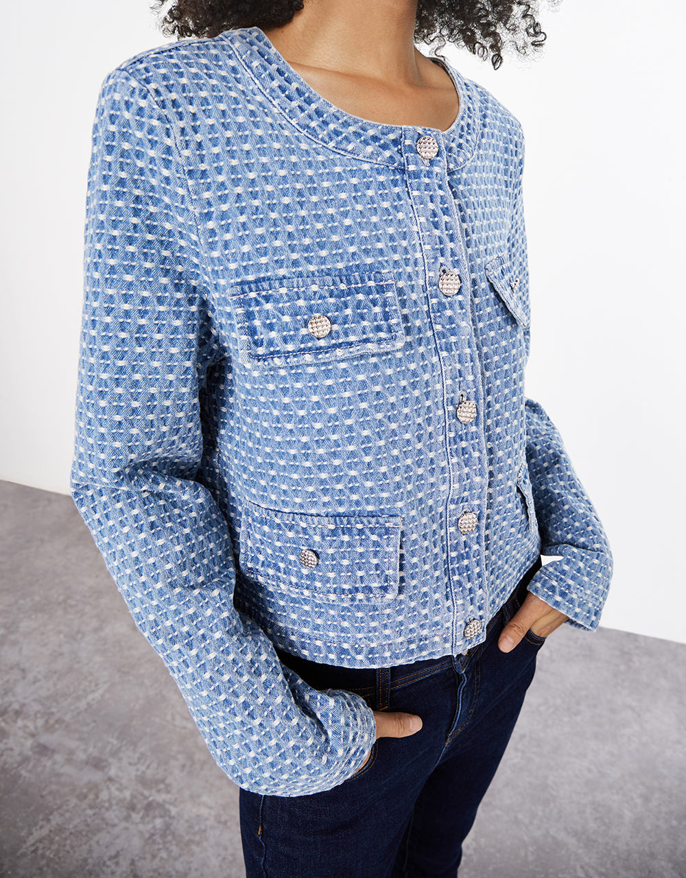 Plaid Cropped Denim Jacket