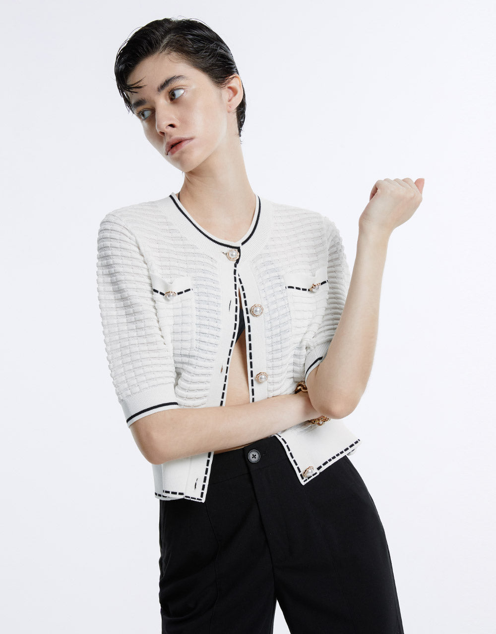 Contrast Trim Tweed Cardigan