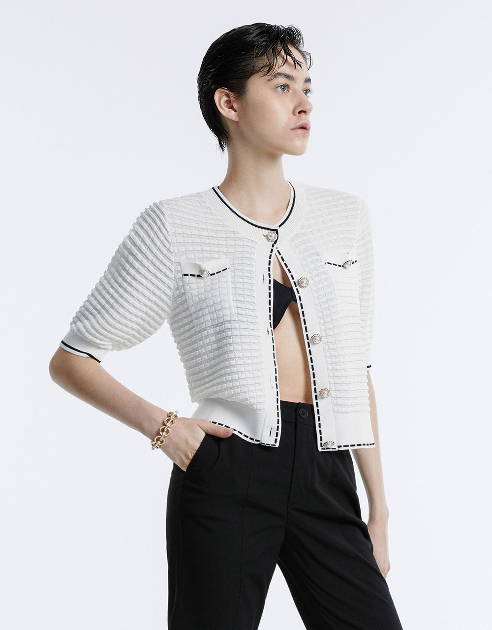 Contrast Trim Tweed Cardigan