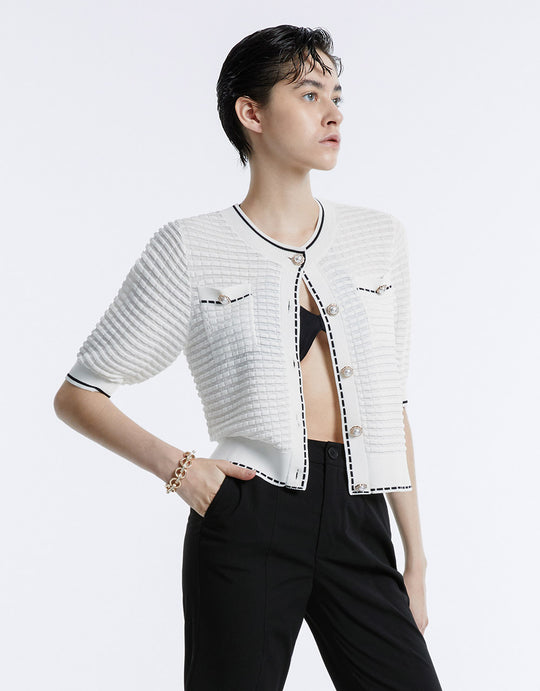 Contrast Trim Tweed Cardigan