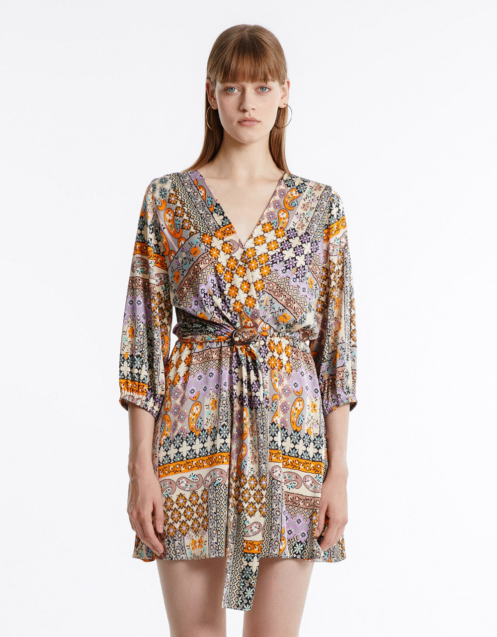 Patchwork Belted Satin Dress