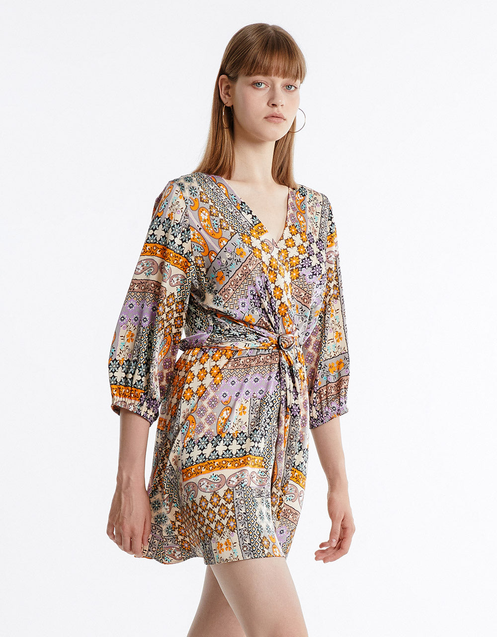 Patchwork Belted Satin Dress