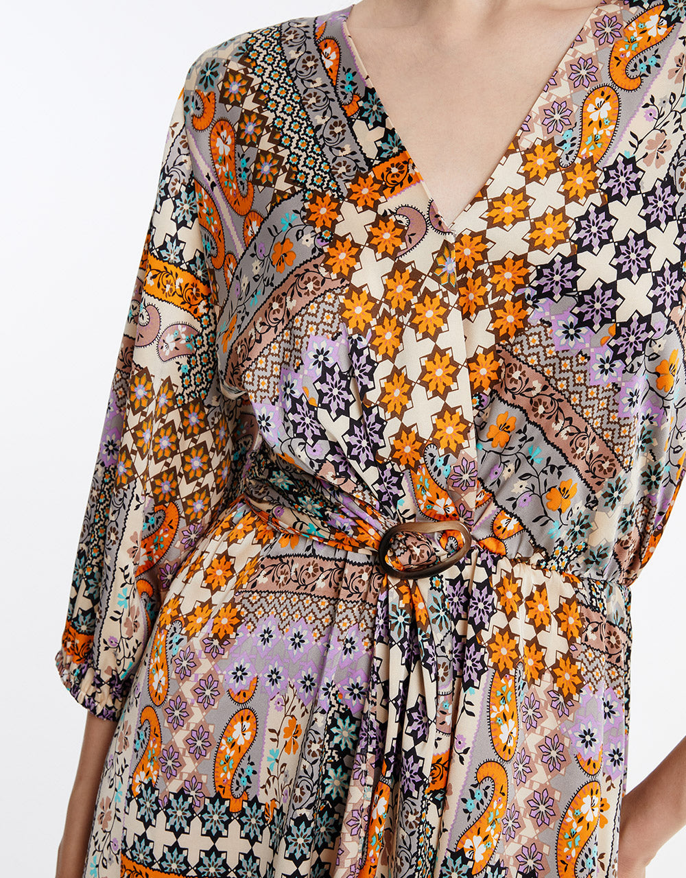 Patchwork Belted Satin Dress