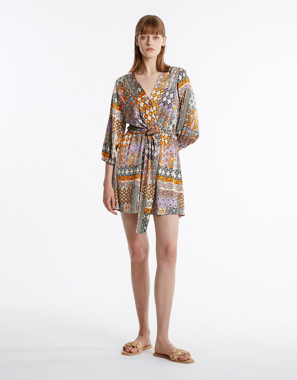 Patchwork Belted Satin Dress