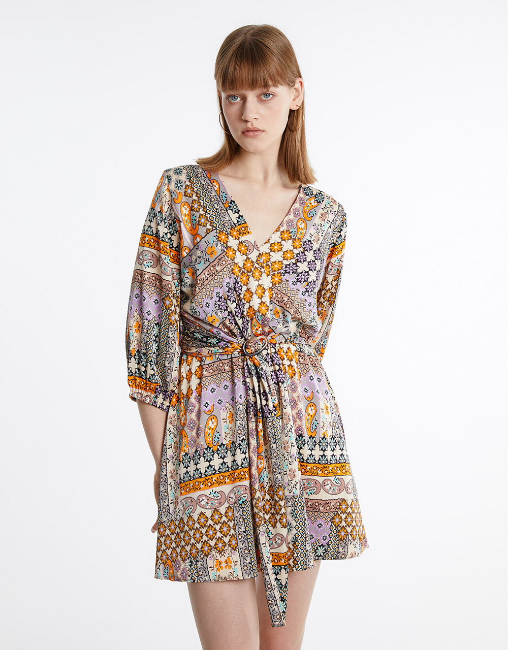 Patchwork Belted Satin Dress